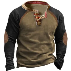 Men\'s Outdoor Stitching Vintage Henley Collar Sweatshirt