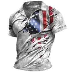 Men\'s Vintage American Flag Print Zip Lapel T-Shirt