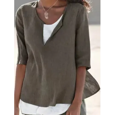 Round Neck Casual Loose Solid Color Long Sleeve Blouse