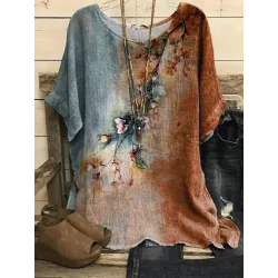 Round Neck Casual Loose Floral Print Short Sleeve Blouse