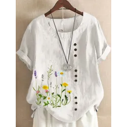 Round Neck Casual Loose Floral Print Short Sleeve Blouse