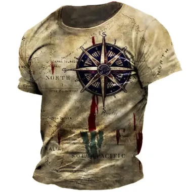 Men's Vintage Nautical Map Compass Print T-Shirt