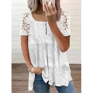 Square Collar Casual Solid Color Lace Stitching Short-sleeved Blouse