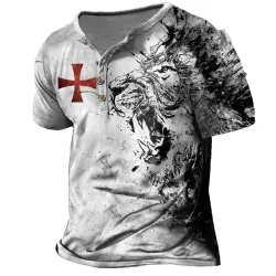 Men\'s Vintage Lion Cross Print Henley Collar T-Shirt