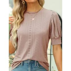 Round Neck Casual Loose Embroidery Hollow Short-Sleeved T-Shirt