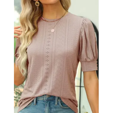 Round Neck Casual Loose Embroidery Hollow Short-Sleeved T-Shirt