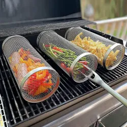 Barbecue Cage Barbecue Grill Oven Cylindrical Barbecue Basket Mesh Roll Barbecue Tools Stainless Steel