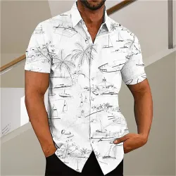 Men\'s Shirt Plus Size Short Sleeve Shirt Coconut Tree Hawaii Beach White Fuchsia Yellow Khaki Blue Green