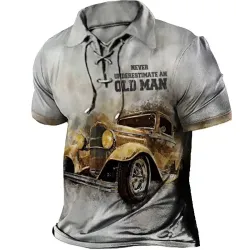 Men\'s T-Shirt Lapel Short Sleeve Jeep Old Man Vintage Lace-Up Summer Daily Tops Gray