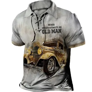 Men's T-Shirt Lapel Short Sleeve Jeep Old Man Vintage Lace-Up Summer Daily Tops Gray