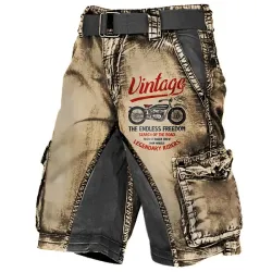 Men\'s Plus Size Vintage Motorcycle Racing Distressed Wash Print Multi-Pocket Tactical Shorts