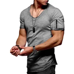 Men\'s Cuff Zipper Pocket Color Cotton Breathable T-Shirt