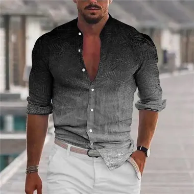 Men's Shirt Gray 3D Print Outdoor Street Long Sleeve Button-Down Print Casual Breathable