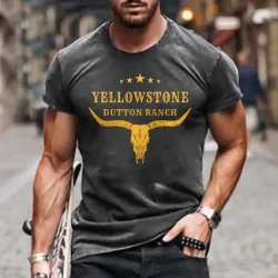 Men\'s T-Shirt Vintage Western Yellowstone Plus Size Short Sleeve Summer Daily Tops Black Gray White Burgundy Navy Blue