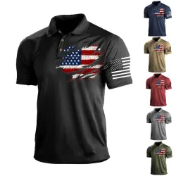 Men\'s T-Shirt Polo Vintage American Flag Independence Day Short Sleeve Outdoor Summer Daily Top Navy Blue Black Khaki