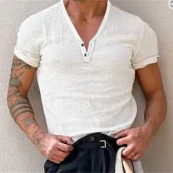 Men\'s Henley Linen T Shirt Henley V Neck Casual Outdoor Shirt Short Sleeve Plain Collar Casual Hawaiian Clothing