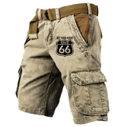 Men\'s Cargo Shorts Vintage Route 66 Tactical Multi-Pocket Sports Loose Wear-Resistant Summer Daily Casual Pants