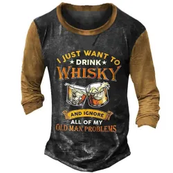 Men\'s T-Shirt Long Sleeve Henley Vintage Drink Whiskey My Old Man Colorblock Outdoor Daily Tops