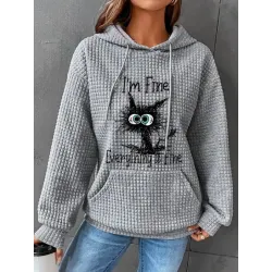 Kitty Printed Pocket Waffle Casual Hoodie