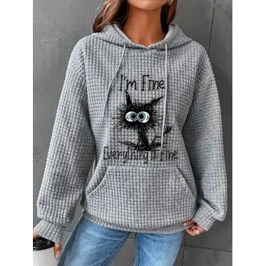 Kitty Printed Pocket Waffle Casual Hoodie