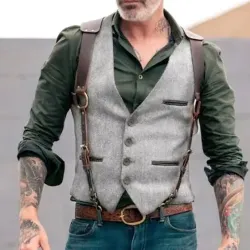 Men\'s Vest Waistcoat Outdoor Cowboy Vintage Casual Polyester Solid Colored Single Breasted One-button V Neck Slim Jackt