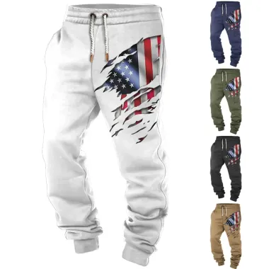 Men's Vintage American Flag Print Pocket Casual Athletic Elastic Waist Trousers