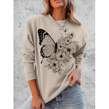 Women's Butterflies Flower Graphic Print Comfortable Soft Sweatshirt Tops