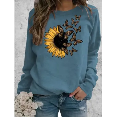 Women's Butterfly Sunflower Graphic Print Comfortable Soft Sweatshirt Tops