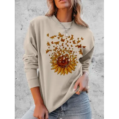 Women's Butterfly Sunflower Graphic Print Comfortable Soft Sweatshirt Tops