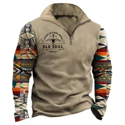 Men\'s Sweatshirt Quarter Zip Ethnic Aztec Old Soul Vintage Daily Tops Khaki