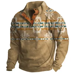 Men\'s Retro Western Region Totem Print Henley Collar Casual Sweatshirt