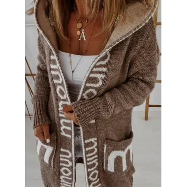 Women's Letter Print Loose Mid-length Knitted Cardigan Hooded Coat