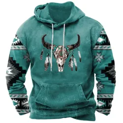 Men\'s Hoodie Retro Ethnic Style Denim Skull Print Pocket Hooded Sweatshirt