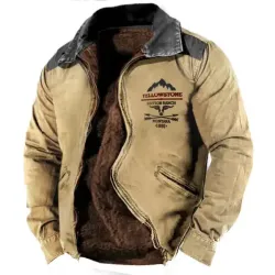 Men\'s Plush Fleece Warm Lining Vintage Yellowstone Zipper Tactical Outdoor Jacket