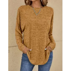 Women\'s Solid Color Knitted Casual Round Neck Long Sleeve Top