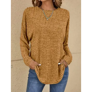 Women's Solid Color Knitted Casual Round Neck Long Sleeve Top