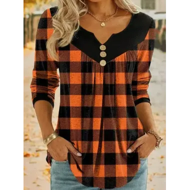 Women's Retro V-Neck Smocked Christmas Plaid Print Top Long Sleeve T-Shirt