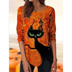 Women\'s Black Cat Halloween Print Round Neck Long Sleeve T-Shirt