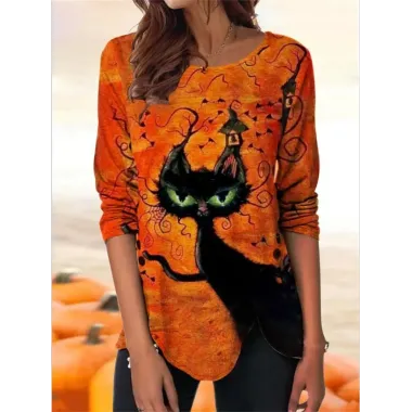 Women's Black Cat Halloween Print Round Neck Long Sleeve T-Shirt