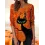 Women's Black Cat Halloween Print Round Neck Long Sleeve T-Shirt