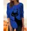 Women's Black Cat Halloween Print Round Neck Long Sleeve T-Shirt