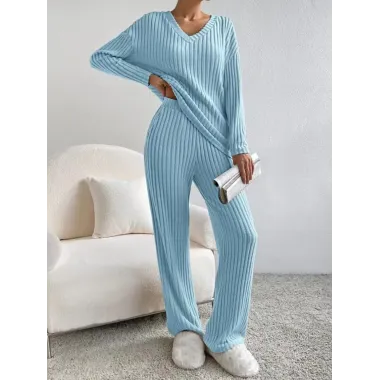 Women's Solid Color Straight Pants Loose V-neck Pit Strip Knitted Suit