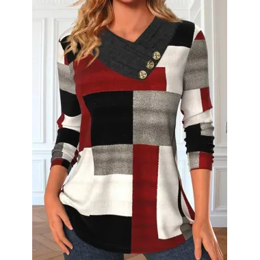 Women's Geometric Graphic Contrast Print V-Neck Casual Long Sleeve Top