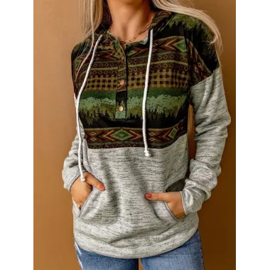 Women's Retro Western Ethnic Colorblock Printed Hooded Sweatshirt