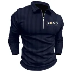 Men\'s Boss Polo Zip Shirt Stripe Long Sleeve Lapel T-Shirt Casual Fit Tops