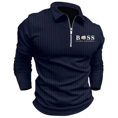 Men's Boss Polo Zip Shirt Stripe Long Sleeve Lapel T-Shirt Casual Fit Tops