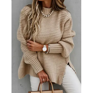 Women's Solid Color Loose Knitted Casual Side Slit Sweater