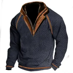 Men\'s Outdoor Casual Waffle Zip Polo Sweatshirt Double Layer Stand Collar Long Sleeve Vintage Contrast Tactical Pullover