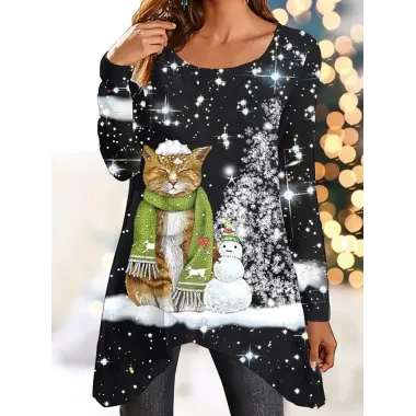 Women's Christmas Snowman Snowflake Print Irregular Hem Long Sleeve Top