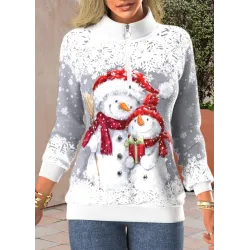 Women\'s Christmas Snowman Print Zipper Stand Collar Sweatshirt